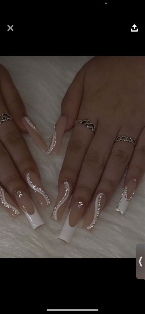 Silver Sparkly Nails Acrylics, White With Diamond Nails, White N Silver Nails, White And Glitter French Tip Nails, White French Tip Nails With Silver, White Silver Nails Acrylic, White Glitter Nails French Tips, White Tip Nails With Glitter, Silver And White French Tip Nails