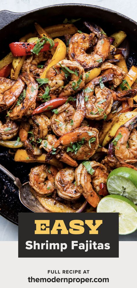 shrimp fajitas in a cast iron skillet with limes and bell peppers Shrimp Fajita Recipe, Skillet Shrimp, Fajita Marinade, How To Make Shrimp, The Modern Proper, Modern Proper, Shrimp Fajitas, Juicy Shrimp, Frozen Shrimp