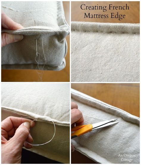 DIY Tufted French Mattress Cushion {Ballard Catalog Knockoff} - complete tutorial to make your own French-edge cushion! #DIYdecor #sewing #cushion #farmhousestyle #anoregoncottage French Mattress Cushion, French Mattress, Projek Menjahit, Upholstery Diy, Astuces Diy, Sew Ins, Sewing Pillows, Techniques Couture, Diy Couture