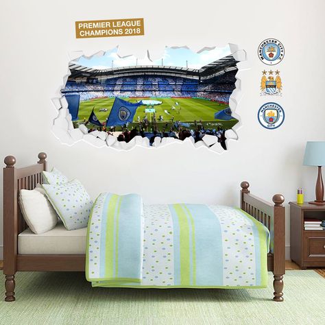 Official Manchester City FC Merchandise.  Made in Manchester, UK.  Easy to apply, easy to remove, and will not damage your walls!  Perfect for your bedroom, office, playroom or home.  Exclusively Licensed & Available from BeautifulGame.co.uk    #ManCity #ManchesterCity #MCFC #ManCityFC #Premierleague #champions City Bedroom, Football Bedroom, Furniture Wallpaper, Wallpaper Office, Wallpaper City, Football Wall Art, Etihad Stadium, Football Wall, Bedroom Decorations