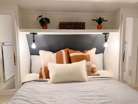 Window Above Bed, Window Behind Bed, Camper Curtains, Rv Remodeling, Shelf Above Bed, Cuddles In Bed, Camper Beds, Rv Bedroom, Design Your Bedroom