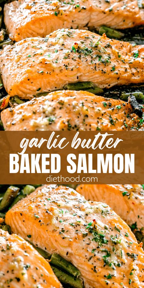 This Garlic Butter Baked Salmon is tender, flaky, and brushed with a drool-worthy garlic butter sauce! Baked on a sheet pan with your favorite veggies, it's quick, easy, and perfect for busy weeknights. Creamy Garlic Butter Baked Salmon, Salmon Recipes Baked For Diabetics, Garlic Butter Salmon Baked, Best Salmon Recipe Baked, Easy Salmon Recipes Baked, Butter Garlic Salmon, Baked Salmon Recipes Oven, Baked Salmon Filets, Baked Salmon And Asparagus