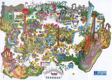 Six Flags Magic Mountain map. Magic Mountain California Six Flags, Mountain Map, Theme Park Map, Six Flags Magic Mountain, Valencia California, Three Jokers, Visit Los Angeles, Planet Coaster, Magic Mountain