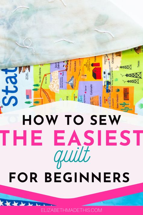 Sewing your first quilt can be intimidating, but it doesn't have to be. Learn how to sew a quilt using cheater prints or quilt panels. Combine these shortcut fabrics with a simple sewing method, no binding, and tying the quilt, and you've got a quilt you can make in about an hour. This is an awesome first quilt for beginners! #learntosew #sewingforbeginners First Quilt Pattern Simple, Cheater Quilt Tutorial, First Quilt Project, Quilt For Beginners, Frozen Quilt, Sew A Quilt, Easy Quilt Tutorials, Pre Quilted Fabric, Bauble Wreath