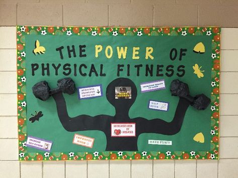 Power of Fitness Image Gym Bulletin Board Ideas Physical Education, Pe Boards Physical Education, Pe Bulletin Boards High School, Fitness Bulletin Board Ideas, Fitness Bulletin Board Ideas Gym, Physical Education Bulletin Board Ideas, Physical Therapy Bulletin Board Ideas, Physical Fitness Poster, Fitness Bulletin Board