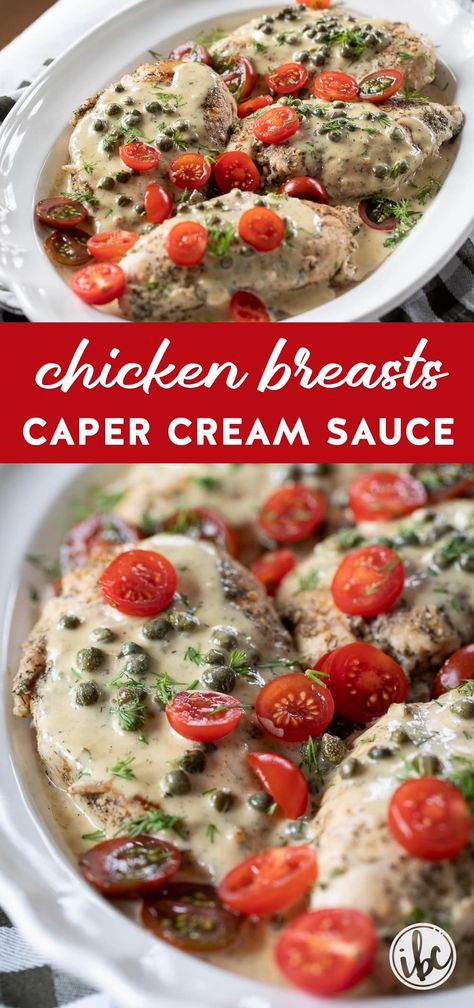 chicken breasts served in caper cream sauce with tomatoes. Caper Cream Sauce, Simple Chicken Dinner Recipes, Coconut Cream Sauce, Stuffed Chicken Recipes, Dinner Party With Friends, Easy Cooking Ideas, Cream Sauce Recipe, Sunday Dinner Ideas, Chick Flick