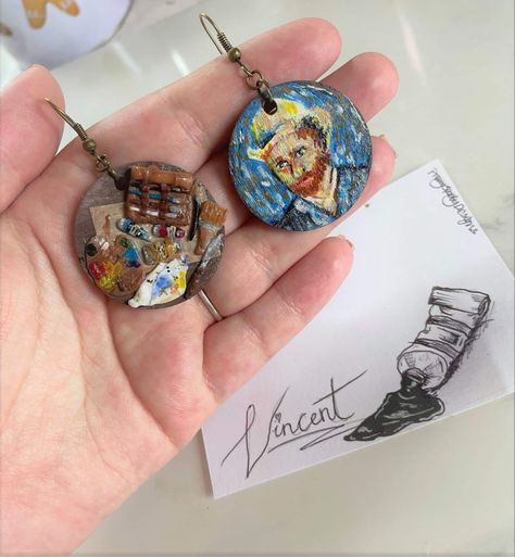 Cute Hand Painted Polymer Clay Earrings, Artistic Hand Painted Polymer Clay Earrings, Starry Night Polymer Clay, Van Gogh Polymer Clay Earrings, Vincent Van Gogh Polymer Clay Earrings, Van Gogh Earrings, Van Gogh Self Portrait, Clean Crafts, Polymer Clay Ring