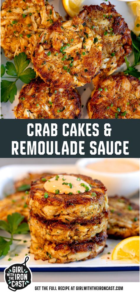 Enjoy restaurant-quality crab cakes made effortlessly with this simple recipe. Season fresh lump crab meat with Old Bay, mayonnaise, hot sauce, Dijon mustard, parsley, and lemon juice. Shape into cakes and fry or broil until golden brown. Serve with a homemade zesty remoulade sauce for a delicious, elegant touch. Crab Cake Remoulade Sauce, Crab Cake Remoulade, Broiled Crab Cakes, Lump Crab Meat Recipes, Cast Iron Recipes Dinner, Easy Crab Cakes, Old Bay Crab Cakes, Fried Crab Cakes, Crab Cake Sauce