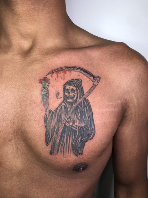 Wes Lang Grim Reaper done by Nathan Kostechko at his studio in Los Angeles CA. Wes Lang Tattoo, Nathan Kostechko, Wes Lang, Tattoo On Chest, Grim Reaper Tattoo, Reaper Tattoo, Tattoo Project, Grim Reaper, Of Ideas