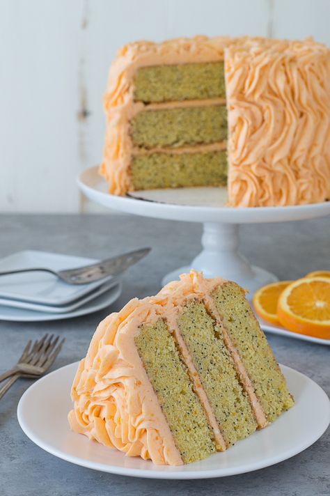 Orange Poppyseed Cake - three layer orange poppyseed cake with a fresh orange buttercream! Orange Poppyseed Cake, Poppyseed Cake, Orange Buttercream, Seed Cake, Poppy Seed Cake, Slice Of Cake, Fresh Orange, Orange Poppy, 3 Eggs