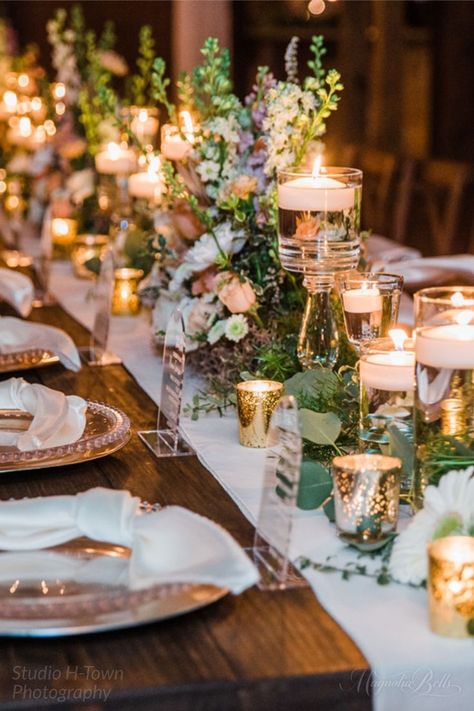 Candle Decor For Wedding Receptions, Votive Candle Wedding Decor, Gold And Glass Wedding Decor, Farm Table Wedding Decor Candles, Assorted Candle Centerpieces, Candle Centerpiece Wedding Round Table, Brass Wedding Table Decor, Floating Candles And Flowers Centerpiece, Vase And Candle Centerpieces