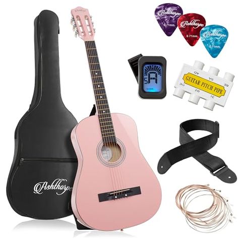 Ashthorpe 38-inch Beginner Acoustic Guitar Package (Pink), Basic Starter Kit w/Gig Bag, Strings, Strap, Tuner, Picks Beginning Guitar, Guitar Kids, Guitar Kits, Learn To Play Guitar, Guitar For Beginners, High Gloss Finish, Body Style, Playing Guitar, Starter Kit