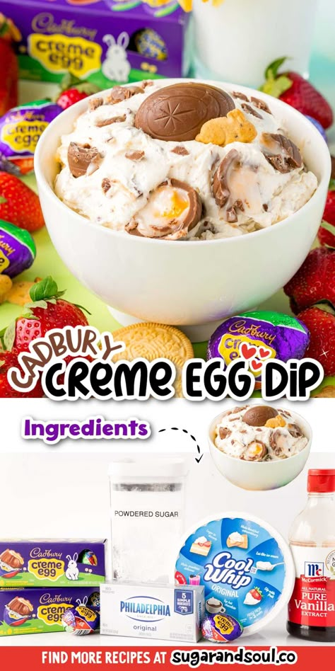 Dessert Dips For Easter, Cadbury Cream Egg Desserts, Cadbury Dip, Cadbury Creme Egg Dip, Cadbury Creme Egg Recipes, Egg Dip, Cadbury Easter Eggs, Holiday Dessert Ideas, Easter Cupcakes Easy