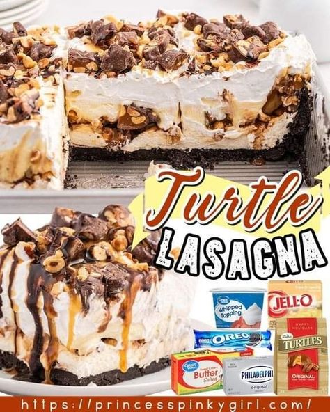 Turtle Lasagna, Turtle Dessert, Whipped Topping, French Vanilla, Food For Thought, Lasagna, Turtles, Butter Cream, Oreo