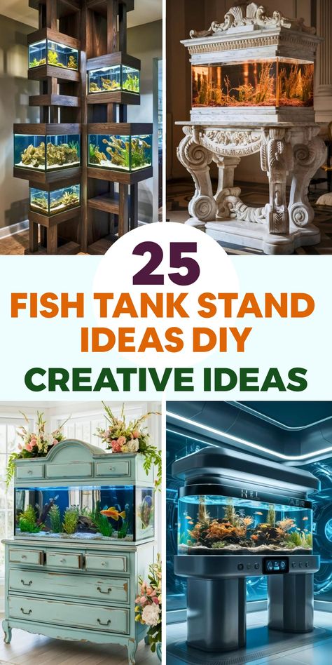 Discover creative ways to elevate your aquarium with these DIY fish tank stand ideas. Reinvent an old dresser or sideboard by reinforcing its structure and bolstering support for your tank's weight. Alternatively, craft a custom stand from robust wooden boards and brackets, incorporating storage shelves or cabinets for a neat fish supply setup. Opt for a rustic vibe by upcycling sanded and stained wooden pallets into a durable base. Feeling bold? Corner Fish Tank Ideas, Fish Tank Stand Ideas Diy, Diy Fish Tank Stand, Tank Stand Ideas, Fish Tank Stand Ideas, Aquarium Stand Ideas, 3 Gallon Fish Tank, Fish Tank Cabinets, Diy Aquarium Stand