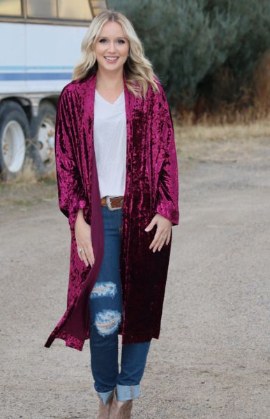 Velvet Cardigan Outfit, Cowgirl Boutique, Velvet Duster, Velvet Cardigan, Upcycle Ideas, Cardigan Outfit, Velvet Kimono, Cowgirl Chic, Burgundy Velvet