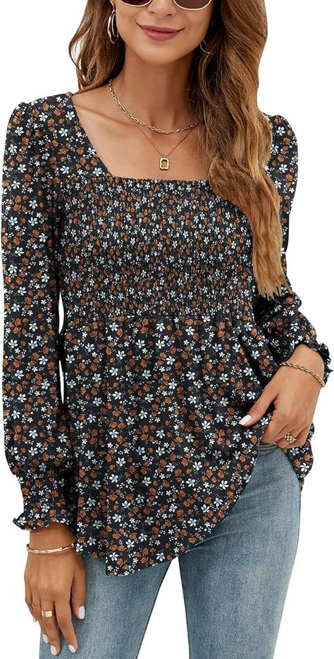 LOMON Boho Floral Blouses for Women Puff Long Sleeve Smocked Tops Square Neck Empire Waist Peasant Top Blouse, M at Amazon Women’s Clothing store Floral Blouses For Women, Tops Square Neck, Floral Blouses, Smock Top, Puff Long Sleeves, Peasant Top, Peasant Tops, Winter Clothes, Boho Floral