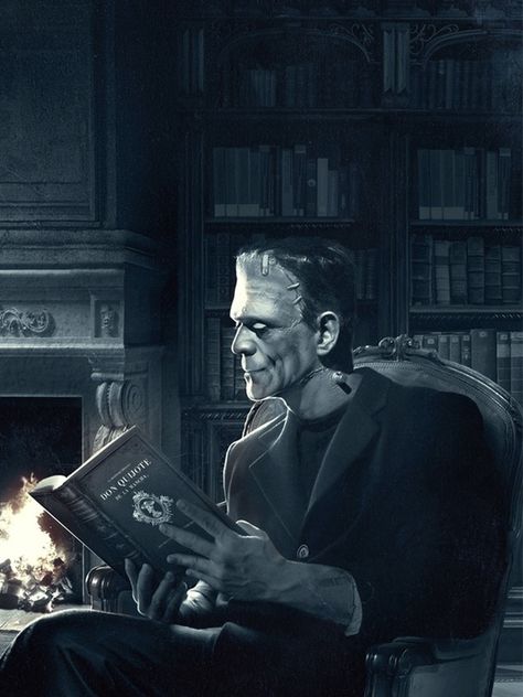 Frankenstein’s Monster Reading Don Quixote #frankenstein #books #reading #DonQuixote #MiguelDeCervantes Cartoon Frankenstein, Frankenstein Art, Exposition Photo, Famous Monsters, Frankenstein's Monster, Mary Shelley, Don Quixote, Classic Horror Movies, Universal Monsters