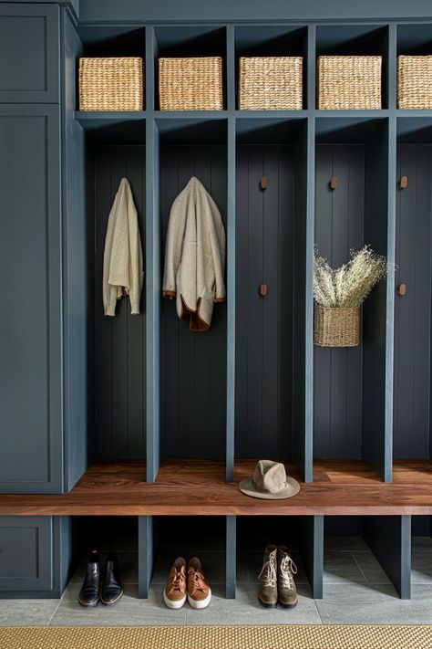 Functional Mudroom, Mudroom Lockers, Concrete Pendant, Concrete Fireplace, Mud Room Storage, Mudroom Design, Drop Zone, Storage Systems, Modern Organic