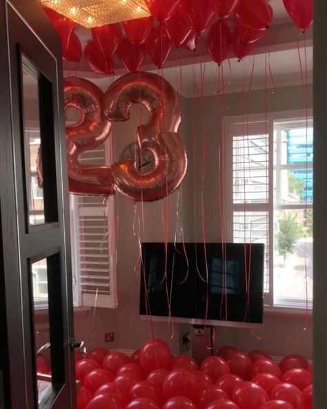 Balloons On Floor, Balloons On Ceiling, Ceiling Balloons, Red Ceiling, Balloon Ceiling, Birthday Traditions, Red X, Family Birthday, Red Balloon