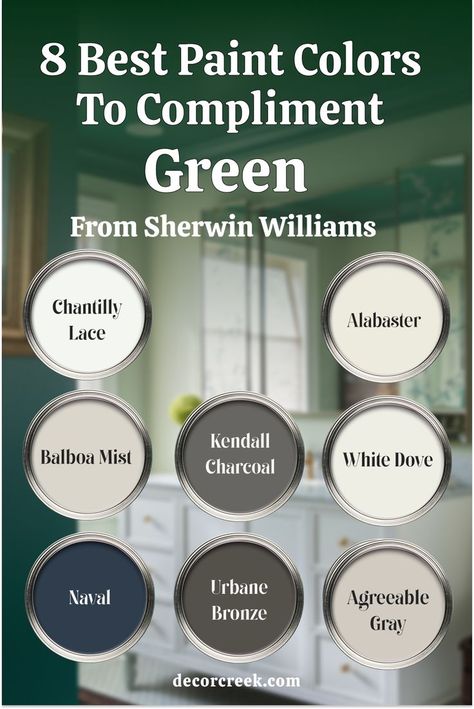 This image showcases eight paint colors presented in labeled paint swatches, with the title "8 Best Paint Colors to Compliment Green From Sherwin Williams." The colors displayed include:
Chantilly Lace (off-white)
Balboa Mist (soft greige)
Naval (deep navy blue)
Alabaster (warm white)
Kendall Charcoal (dark gray)
White Dove (creamy white)
Urbane Bronze (dark bronze brown)
Agreeable Gray 
The background includes a green-painted wall and hints of a room with cabinetry and soft lighting Paint Colors That Compliment Dark Green, Wall Color To Go With Green Cabinets, Sherwin Williams Foxhall Green, Colonial Williamsburg Paint Colors, Behr Green Paint Colors Bedrooms, Mossy Green Paint Colors, Kelly Green Color Scheme, Neutral Green Paint Colors, Sherwin Williams Green Paint Colors