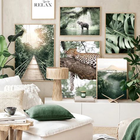 Transform your living room into a tropical getaway with this vibrant Jungle Landscape Canvas Print. Featuring vivid, striking colors and an intricate jungle landscape, this canvas print will make a beautiful focal point in any space. Its fade-resistant canvas material ensures the colors won't suffer from wear and tear, making it ideal for long-term use as part of your home décor.nOur rolled canvas prints are perfect for clients who wish to stretch or frame the final product themselves. Each roll Forest Room Decor, Jungle Landscape, Jungle Bedroom, Forest Room, Forest Poster, Deco Jungle, Poster Animal, Jungle Wall Art, Jungle Wall