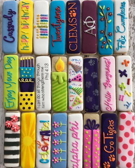 Birthday Cookie Sticks Decorated, Stick Cookies Decorated, Cookie Sticks Decorated, Rectangle Cookies, Candle Sugar Cookies, Stick Cookies, Royal Icing Cookies Recipe, Royal Cookies, Easter Party Food