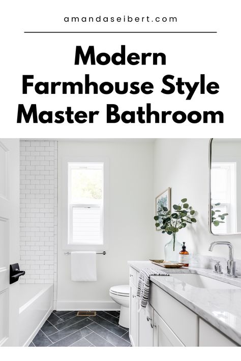 A beautiful modern farmhouse style bathoom! Featuring black tiled flooring and white subway tiles in the bath surround. An oversized vanity with plenty of counterspace featuring light gray countertops. Pottery Barn Paint Colors, Light Gray Countertops, Pottery Barn Paint, Gray Countertops, Subway Tile Bathroom, White Subway Tile Bathroom, Tiled Flooring, Beautiful Modern Farmhouse, Light Paint Colors