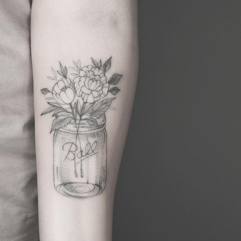 Mason Jar Tattoo, Jar Tattoo, Flower Jar, Chrysanthemum Tattoo, Mason Jar Flowers, Birth Flower Tattoos, Flowers In Jars, Sleeve Ideas, Stomach Tattoos