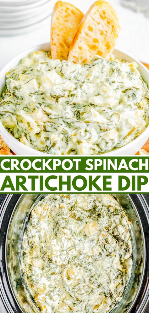 Crockpot Spinach Artichoke Dip — 🧀🎉🌿 Creamy, cheesy, and best of all SO EASY! Add the spinach, artichokes, mozzarella, and Parmesan to your slow cooker and let it do all the work! All you have to do is stir, serve, and watch everyone devour the dip! It's better than any restaurant version and perfect for game days, holiday entertaining, Christmas and New Year's parties, Super Bowl, or anytime you need the BEST spinach and artichoke dip! Easy Crockpot Spinach Artichoke Dip, Crockpot Spinach Artichoke Dip, Easy Spinach Artichoke Dip, Cheesy Dip Recipes, Slow Cooker Spinach Artichoke Dip, Crockpot Spinach, Artichoke Dip Easy, Spinach Artichoke Dip Easy, Spinach Artichoke Dip Recipe