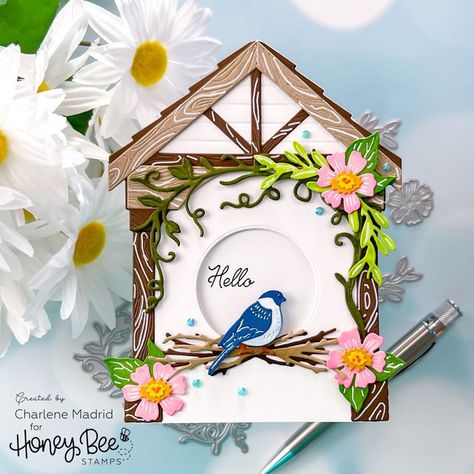 Charlene Madrid on Instagram: "Check out my newest tutorial using the Lovely Layers Seasonal Frame and Lovely Layers Front Porch from @honeybeestamps. I used the Front Porch dies to create a bird house. 😍 YouTube link in bio! 💌 #honeybeestamps #HBSHolidayWishes #HBSHolidayWishesRelease #HBSDesignTeam #diecutting #cardinspiration #cardsofinstagram #cardmakersofinstagram #card #cardardmaking #papercraft #papercrafts #papercrafting #handmadecard #handmadecards #DIYcards #greetingcard #greetingcards #dreamcraftcreate" Honeybee Cards, Honey Bee Stamps, Craft Card, Diy Crafts Paper Flowers, Interactive Cards, Die Cut Cards, Youtube Link, Card Maker, Instagram Repost