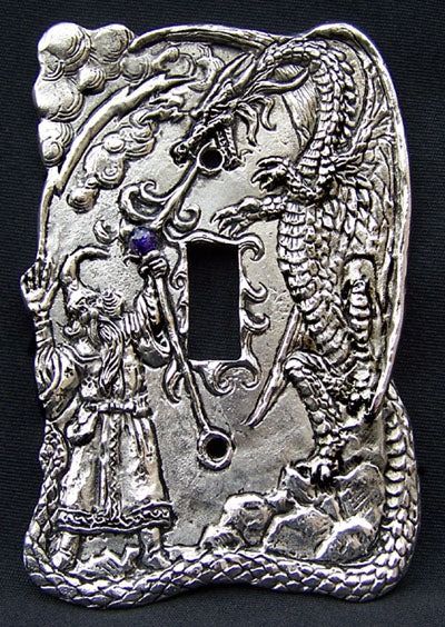 Wizard & Dragon Pewter Switch plate by Fellowship Foundry — FairyGlen Store Fire Breathing Dragon, Hobbit Hole, Dragon Decor, Lightning Bolts, Purple Gems, Light Switch Cover, The Wizard, Switch Plate, Blue Plates