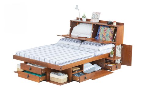 PRICES MAY VARY. BEST STORAGE SET (BED+HEADBOARD): The sturdy Bali Platform set is all made in solid pine wood and has synthetic leather handles. Lots of storage room. Includes the bed bases and slats. Thinking about your safety, all edges are rounded. Totally noise free 3 COLORS AND 4 SIZES: Comes in Caramel, Oak, and White Colors and is Available in King, Queen, Full and Twin sizes. Make a beautiful set with BALI DESK THE ASSEMBLY: This bed set is delivered disassembled. Along with the individ Diy Bed With Bookshelves, Full Size Lift Up Storage Bed, Diy King Bed Frame With Storage, Bali Desk, Diy Headboard With Storage, Free Standing Bed, Full Bed Frame With Storage, Under Bed Storage Ideas, Garage Adu