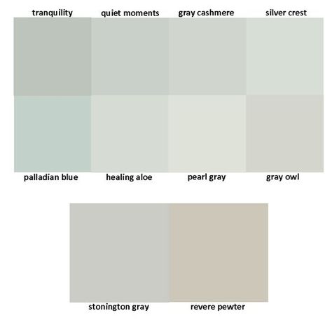 Benjamin Moore Greys: tranquility / quiet moments / gray cashmere / silver crest / palladian blue / healing aloe / pearl gray / gray owl / stonington gray / revere pewter Benjamin Moore Greys, Benjamin Moore Tranquility, Interior Paint Colors For Living Room, Healing Aloe, Palladian Blue, Benjamin Moore Gray, Interior Paint Colors Schemes, Paint Colors Benjamin Moore, Favorite Paint