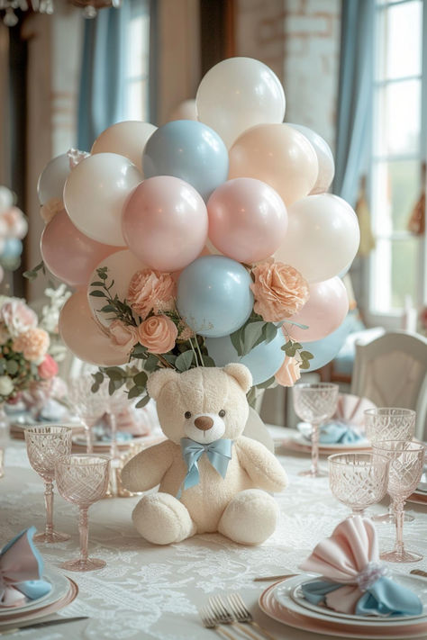 Round Table Centerpieces Baby Shower, Teddy Bear Party Centerpieces, Balloon Centerpieces Baby Shower Girl, Table Decor With Balloons, Center Pieces For Baby Shower Ideas, Baby Centerpieces For Tables, Simple Baby Shower Centerpieces For Boys, Teddy Bear Shower Centerpiece, Work Baby Shower Decorations