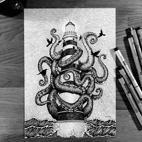 Gnarly Tattoos, Pirate Tattoos, Sailing Tattoo, Hannah Tattoo, Kraken Tattoo, Vintage Octopus, Octopus Tattoos, Lighthouse Tattoo, Sea Tattoo