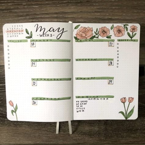 Journaling 2024, Floral Bullet Journal, Bullet Journal Simple, Bullet Journal Weekly Layout, Weekly Log, School Journal, May Bullet Journal, Journal Weekly Spread, Bullet Journal 2020