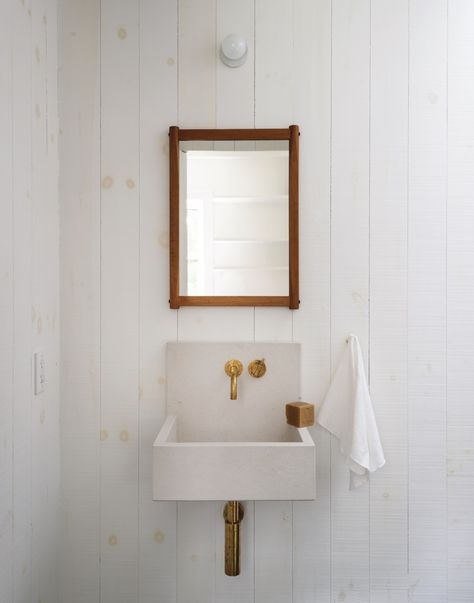 Guest Bathroom Design, Island Beach House, Cedar Shingle Roof, Summer Living Room, Shelter Island, Wall Mounted Sink, Concrete Sink, Concrete Basin, Nyc Design