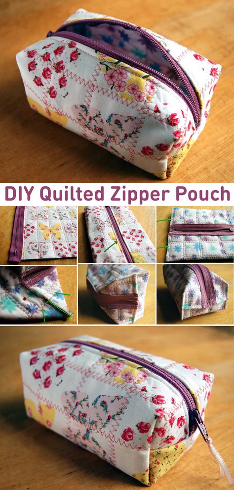 DIY Quilted Zipper Pouch How To Sew Pouches Zipper Bags, Boxy Zipper Pouch Tutorial, Sew A Pouch With Zipper, Zipped Pouch Tutorial, Boxed Pouch Tutorial, Cosmetic Bag Diy Free Pattern, Sewing Toiletry Bag Patterns, How To Sew Cosmetic Bags, Diy Boxy Pouch