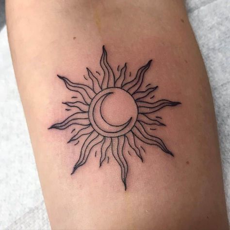 Sun With Moon Inside Tattoo, Sun And Moon Tattoo On Arm, Sun Son Tattoo, Sun And Moon Tattoo Shaded, Sun And Moon Tattoo No Face, Sun Snd Moon Tattoos, Creative Sun Tattoo, Moon In Sun Tattoo, Sun With Moon Tattoo