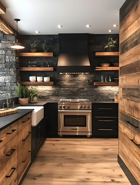 Dark Wood House Aesthetic, Dark Neutral Kitchen Ideas, Flooring For Brown Cabinets, Wooden Kitchen Interior Design, Moody Wood Kitchen, Black Kitchen Wood Accents, House Vibes Interior Design, Home Building Ideas Kitchen, Brick Backsplash Kitchen Black Cabinets