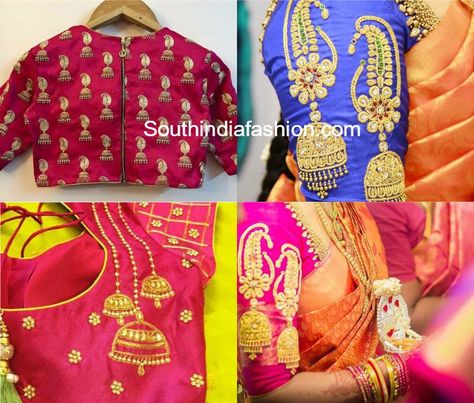 Jhumka Design Blouses for Silk Sarees Blouses For Silk Sarees, Deer Embroidery Design, Latest Maggam Work Blouses, Mehndi Jewellery, Jhumka Design, Plain Blouse Designs, Work Blouse Designs, Jhumka Designs, Saree Blouse Styles