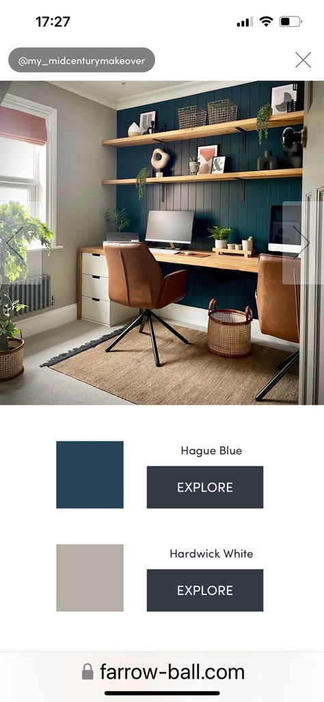 Navy Blue Home Office, Blue Office Ideas, Lake House Office, Teal Office, Navy Office, Blue Home Offices, Best Wall Colors, Home Office/guest Room, Navy And Copper