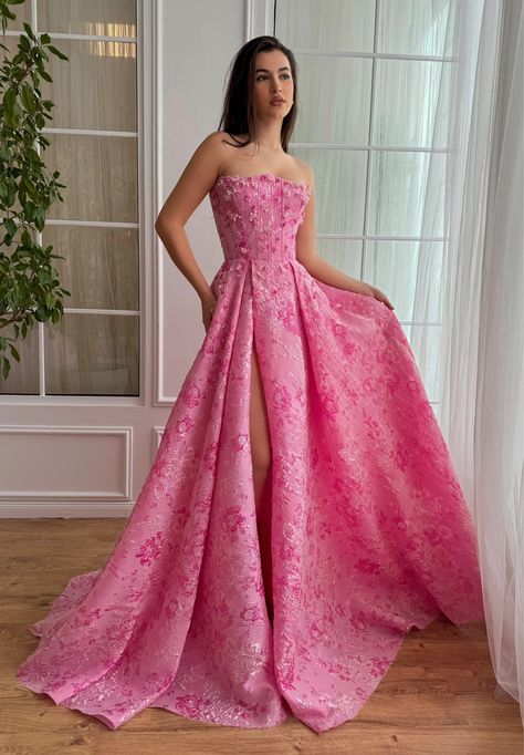 Bonbon Rose Gown | Teuta Matoshi Ballgown Prom Dress Trendy, Modern Bridgerton Dress, Pink Gala Dress, Dark Pink Prom Dress, Pink Brocade Dress, Baby Pink Gown, Pink Wedding Guest Dress, Teuta Matoshi Dresses, Matoshi Dress