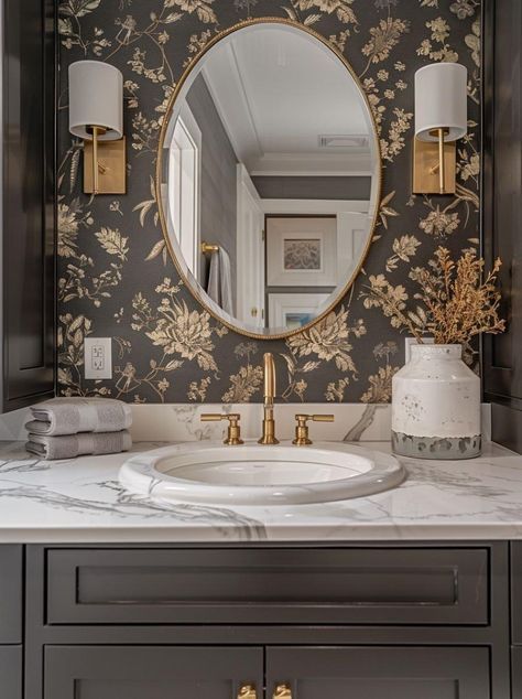 Moody Floral Wallpaper Bathroom, Moody Powder Bath Wallpaper, Dark Powder Bathroom Ideas, Small Dark Powder Room, Powder Room Moody, Dark Moody Powder Room, Dark Powder Room Ideas, Cottage Bathroom Inspiration, Gothic Bathroom Ideas