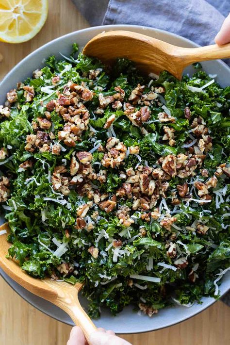 In this Kale Crunch Salad recipe, we are mixing crunchy kale with crunchy maple candied pecans (THE BEST) and a big handful of freshly grated Parmesan. Kale Crunch Salad, Brunch Salad, Chicken Kale, Pecan Salad, Feel Good Food, Tasty Kitchen, Lunch Meal Prep, Kale Salad, Bean Salad