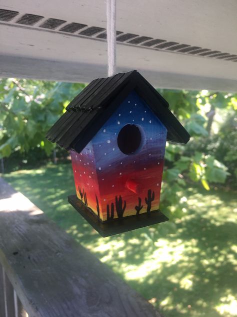 Birdhouses Diy, Birdhouse Painting, Mini Birdhouse, Southwest Sunset, Birdhouse Projects, Hand Painted Birdhouses, Diy Stained Glass Window, Homemade Bird Houses, Birdhouse Craft