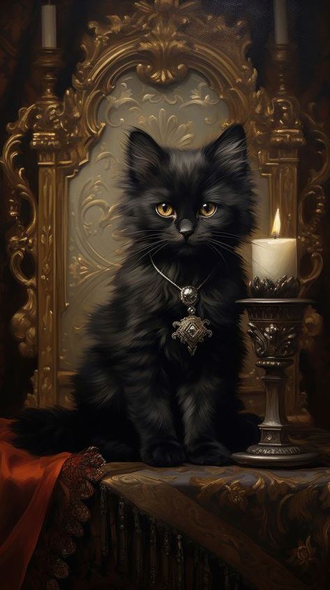 Black Cat Pics, Dark Vintage Painting, Candle Wallpaper, Prayer Wallpaper, Goth Barbie, Gothic Cat, Black Cat Aesthetic, Wizard Cat, Art Deco Artwork