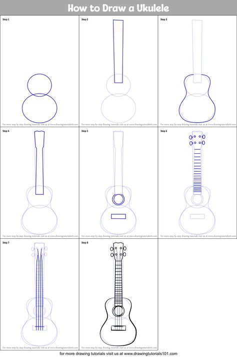 How to Draw a Ukulele (Musical Instruments) Step by Step | DrawingTutorials101.com How To Draw Musical Instruments, How To Make A Ukulele, Guitar Drawing Tutorial, Ukulele Drawing Simple, Playing Ukulele Drawing Reference, Ukulele Drawing, Ukulele Clipart, Guitar Sketch, Hair Stenciling