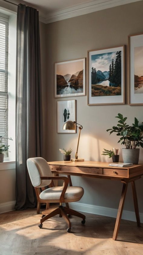 Light Wood Home Office, Earth Tone Home Office, Small Desk Area In Living Room, Office In Living Room Apartment, Workroom Design, Scandinavian Home Office, Brown Home Office, Office Wall Colors, Aesthetic Home Office